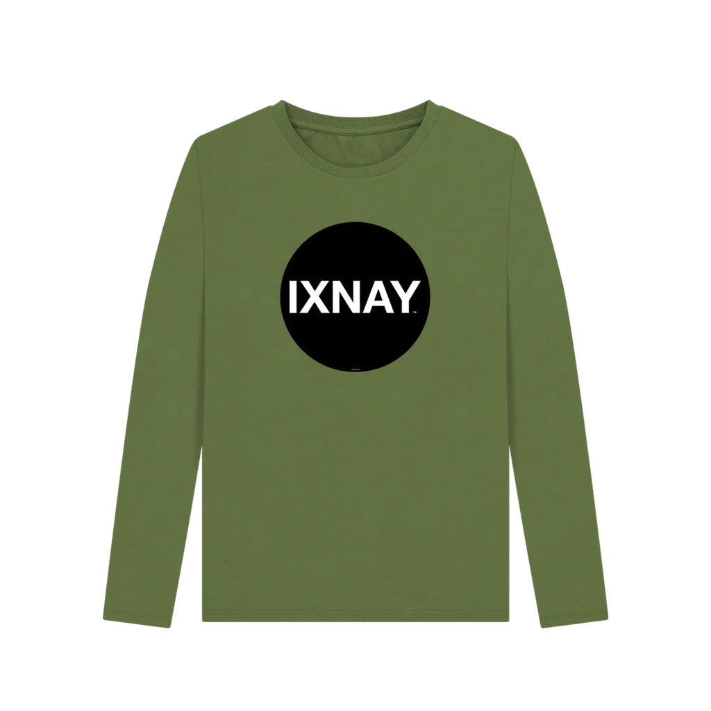 Khaki green women's long-sleeve shirt with 'IXNAY' logo on a white background