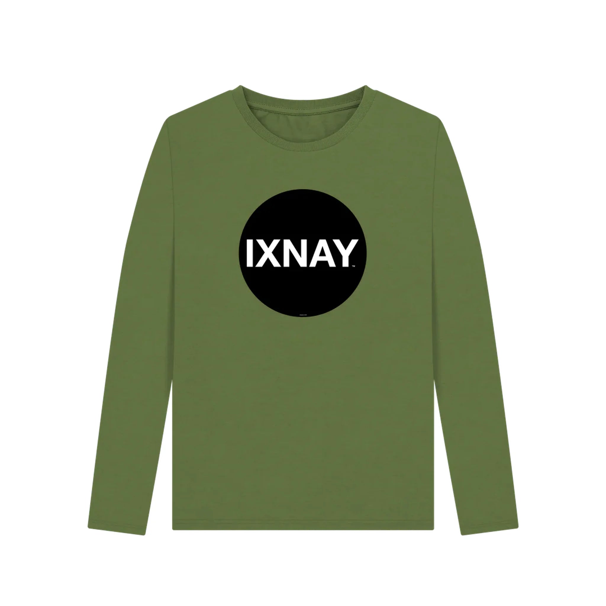Khaki green women's long-sleeve shirt with 'IXNAY' logo on a white background