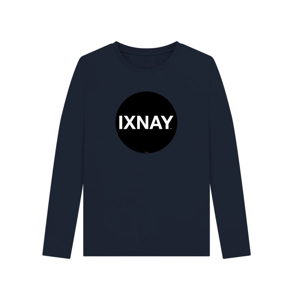 Navy blue women's long-sleeve shirt with 'IXNAY' logo on a white background
