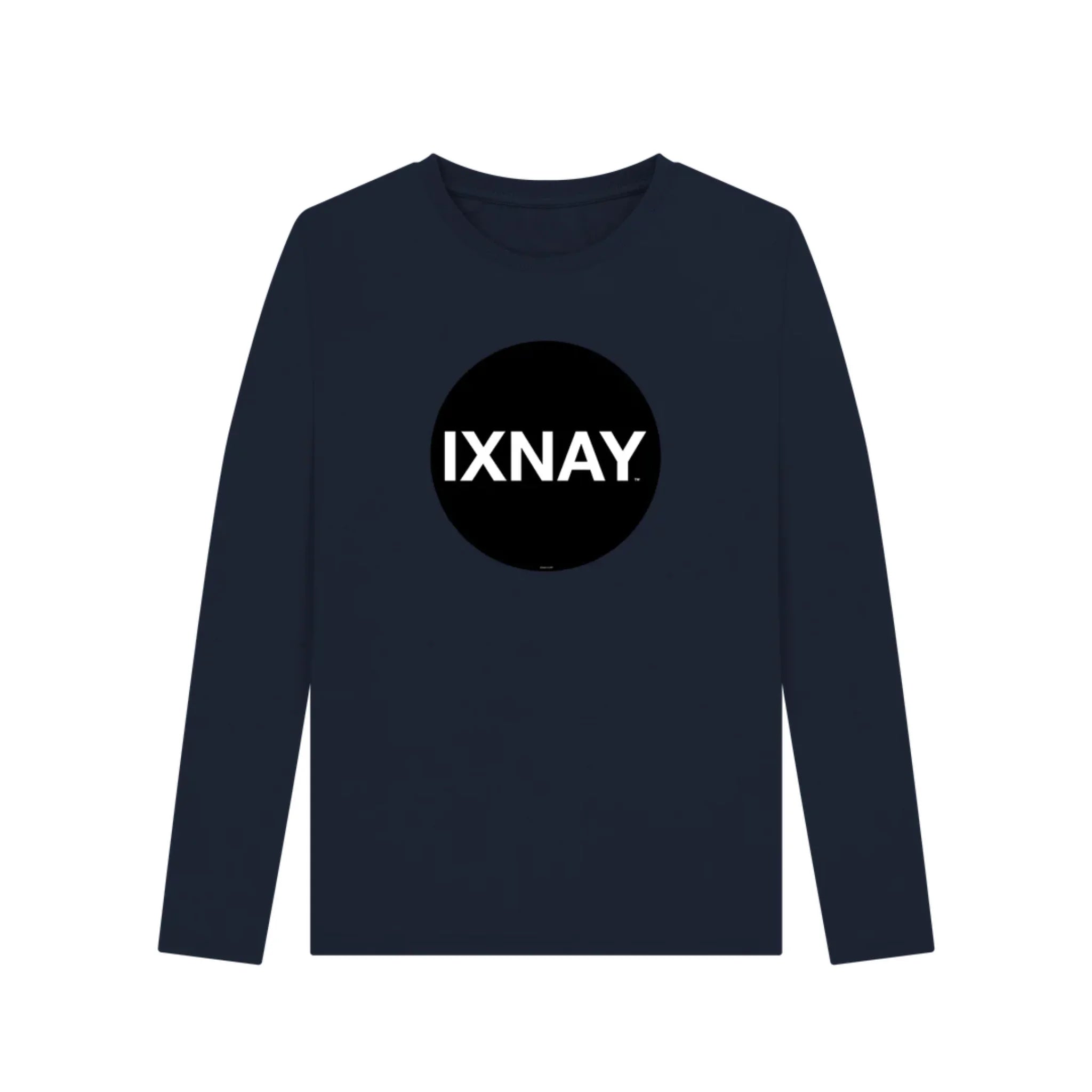 Navy blue women's long-sleeve shirt with 'IXNAY' logo on a white background