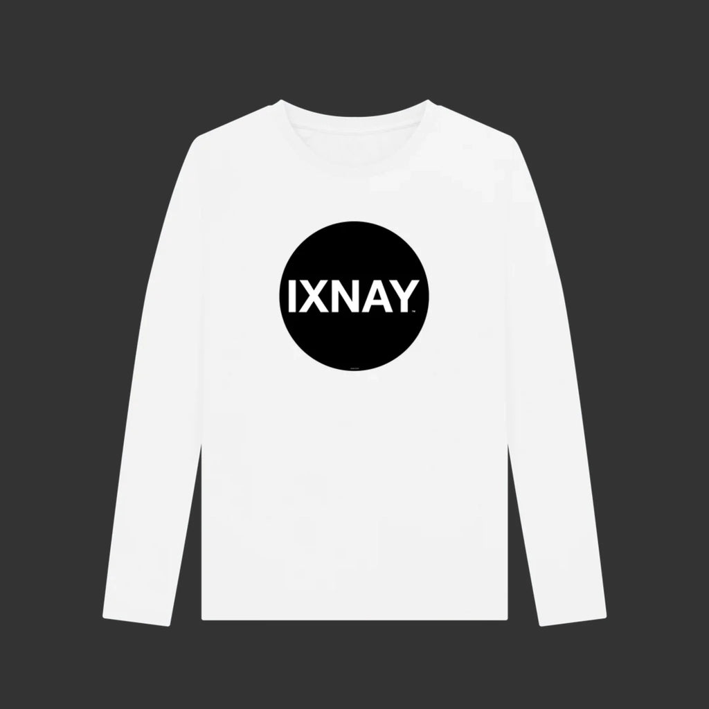 White women's long-sleeve shirt with 'IXNAY' logo on a black background