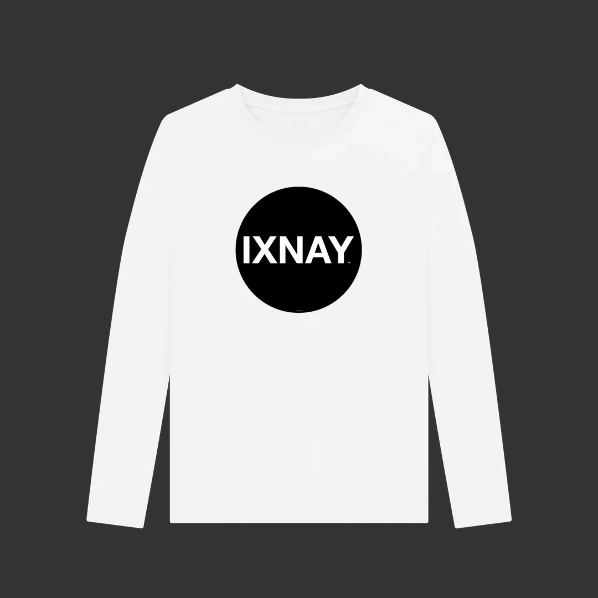 White women's long-sleeve shirt with 'IXNAY' logo on a black background