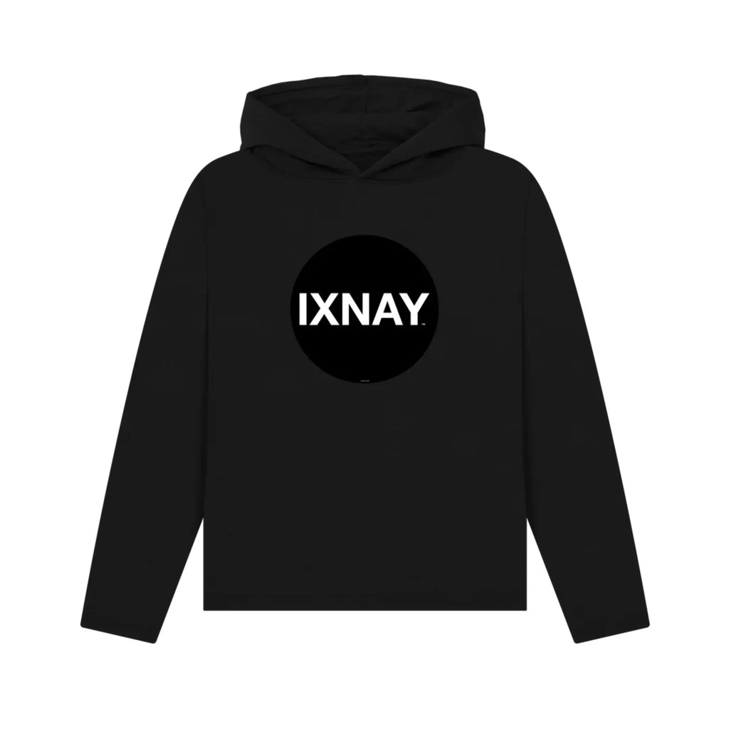 Women's black pullover hoodie with a black circle and 'IXNAY' text on a white background
