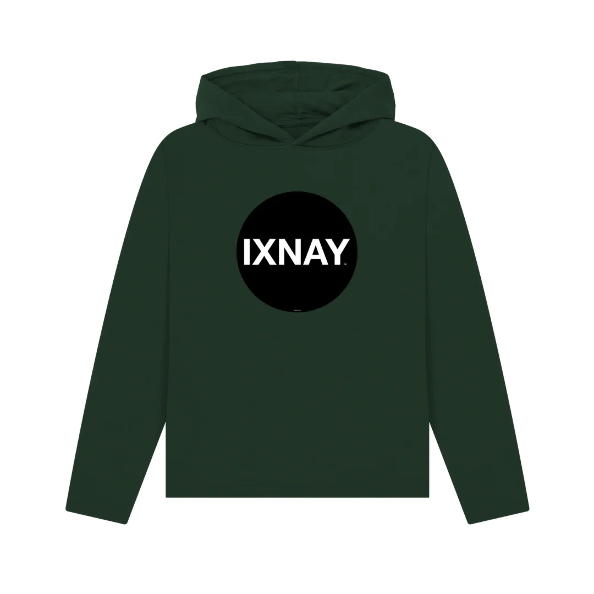 Women's green pullover hoodie with a black circle and 'IXNAY' text on a white background