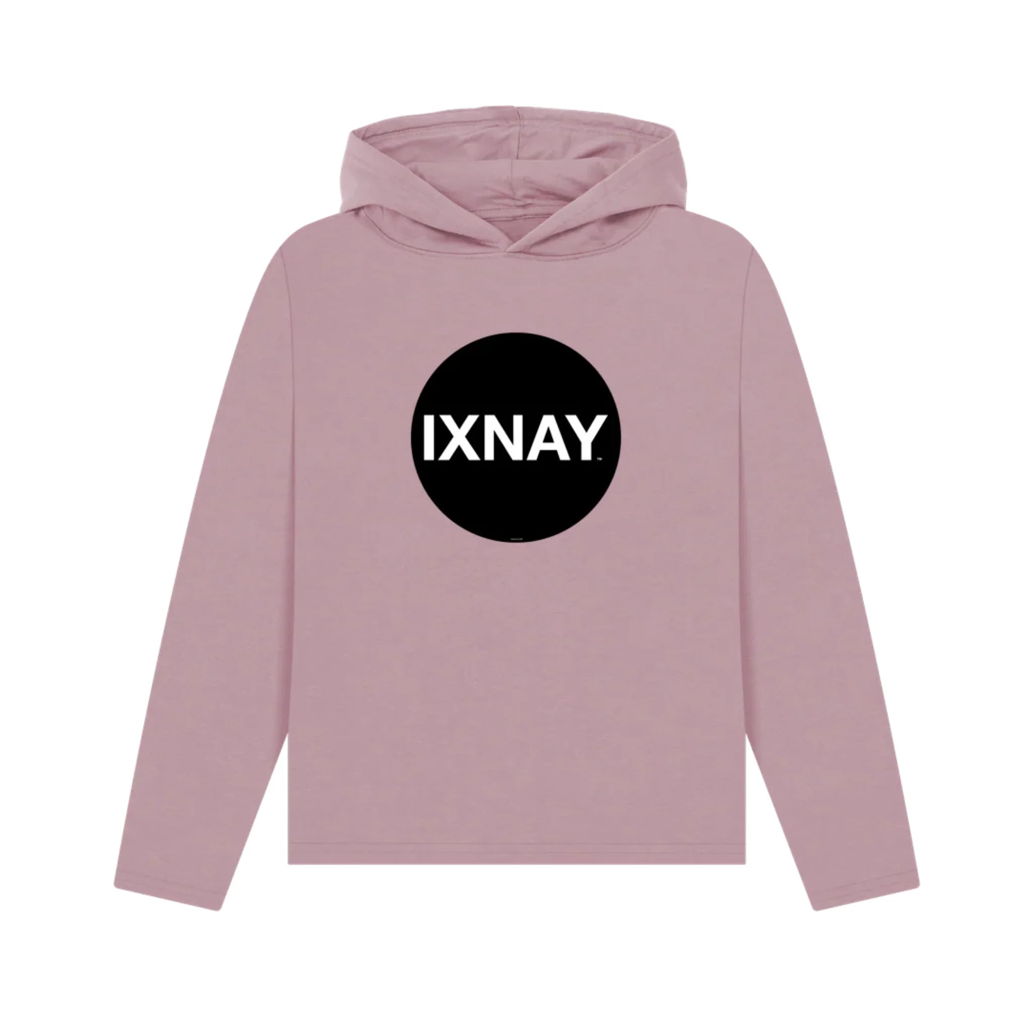 Women's pink pullover hoodie with a black circle and 'IXNAY' text on a white background