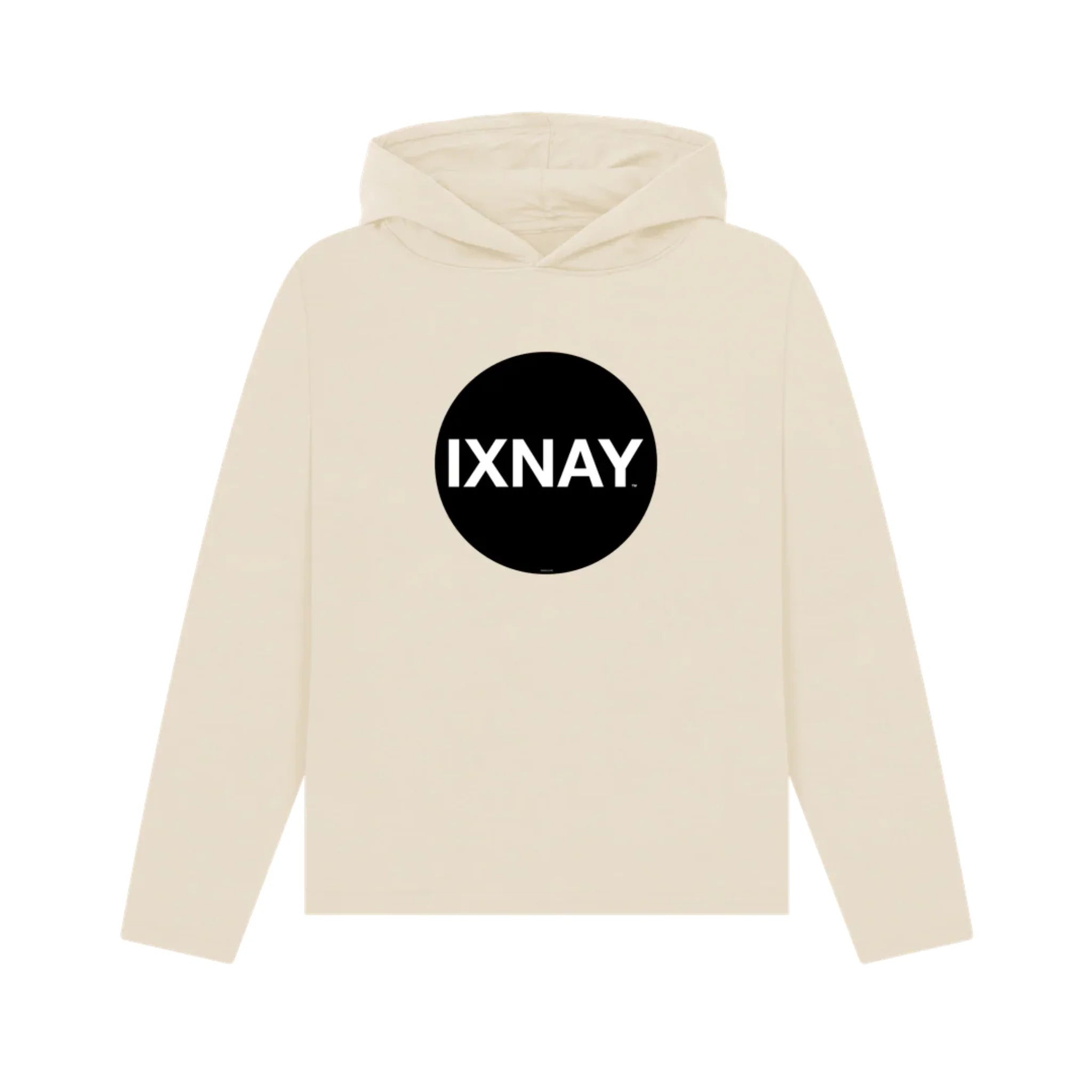 Women's oat beige pullover hoodie with a black circle and 'IXNAY' text on a white background
