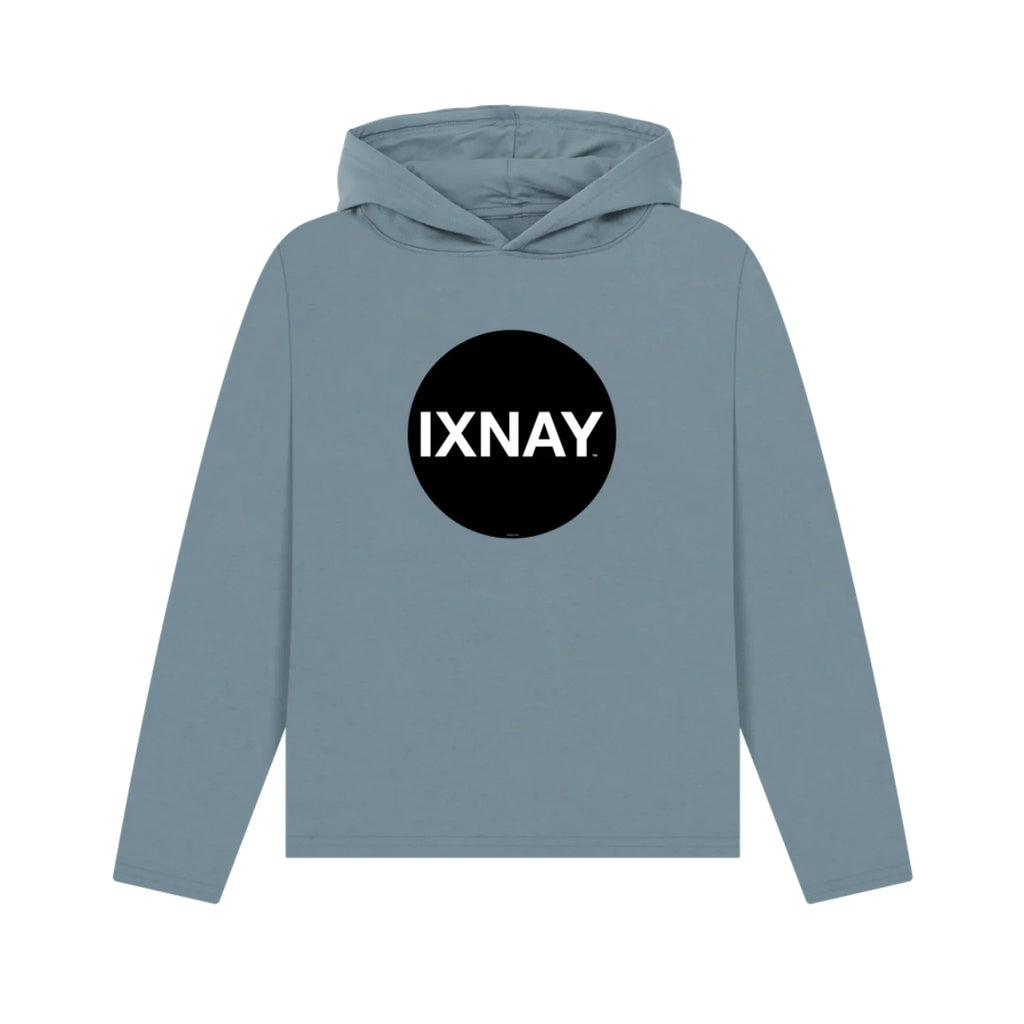 Women's blue pullover hoodie with a black circle and 'IXNAY' text on a white background