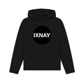 Women's black pullover hoodie with 'IXNAY' logo on a white background