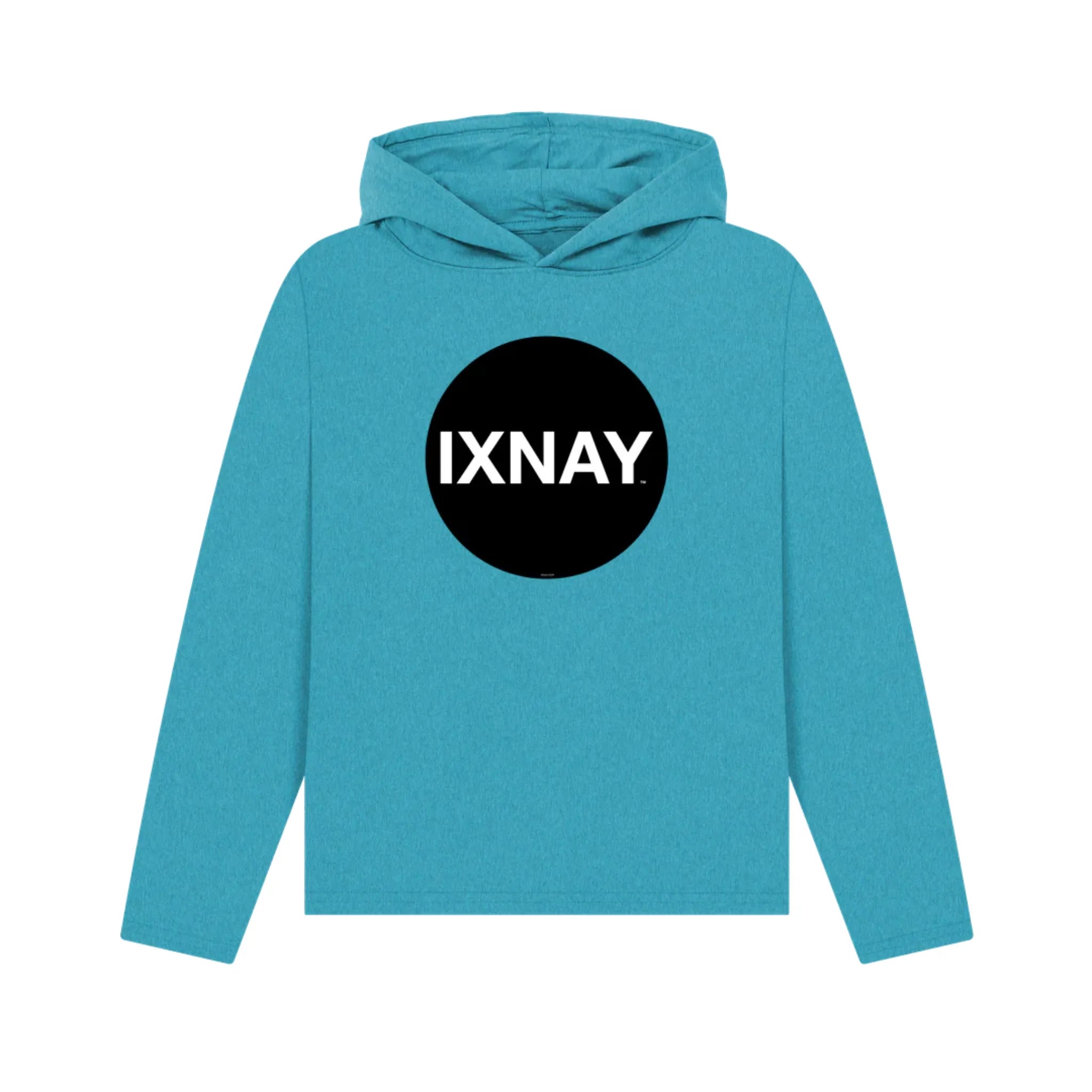 Women's blue pullover hoodie with a black circle and 'IXNAY' text on a white background