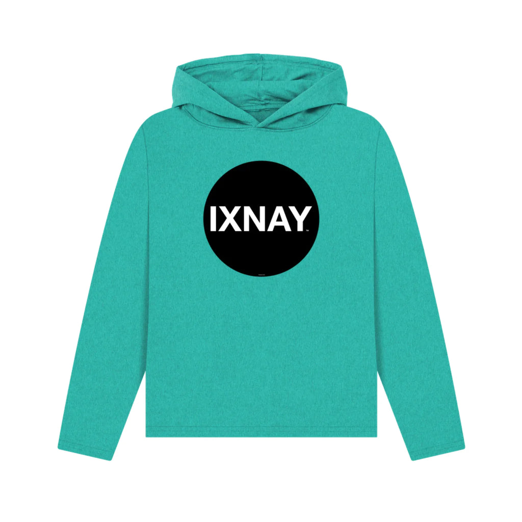 Women's teal pullover hoodie with a black circle and 'IXNAY' text on a white background