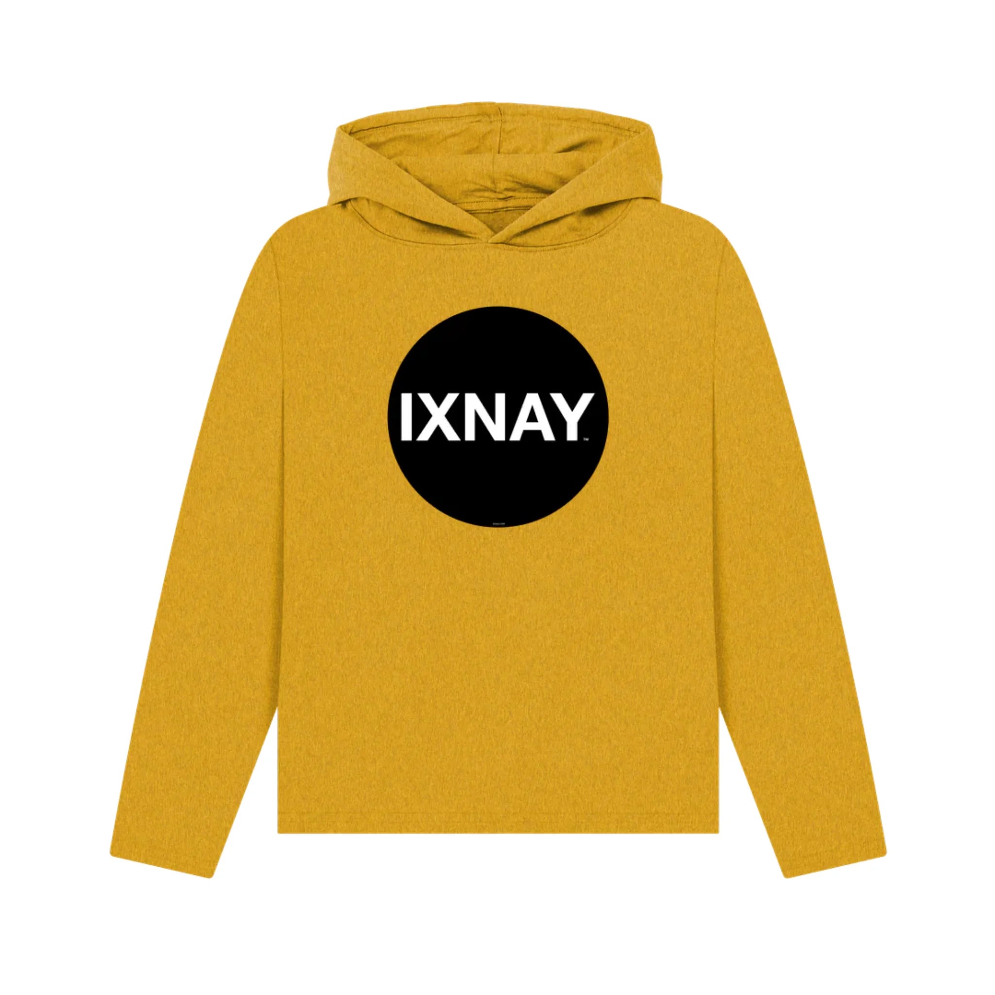 Women's yellow pullover hoodie with a black circle and 'IXNAY' text on a white background