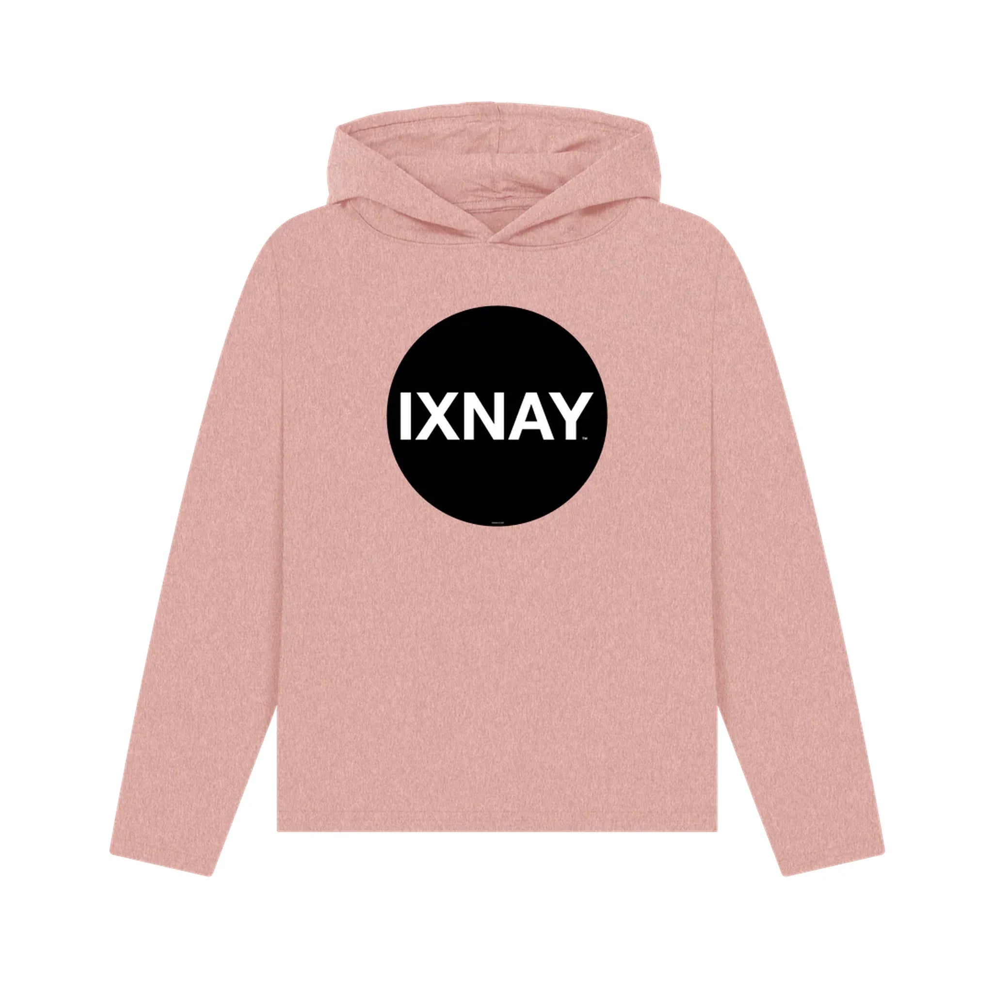 Women's pink pullover hoodie with a black circle and 'IXNAY' text on a white background