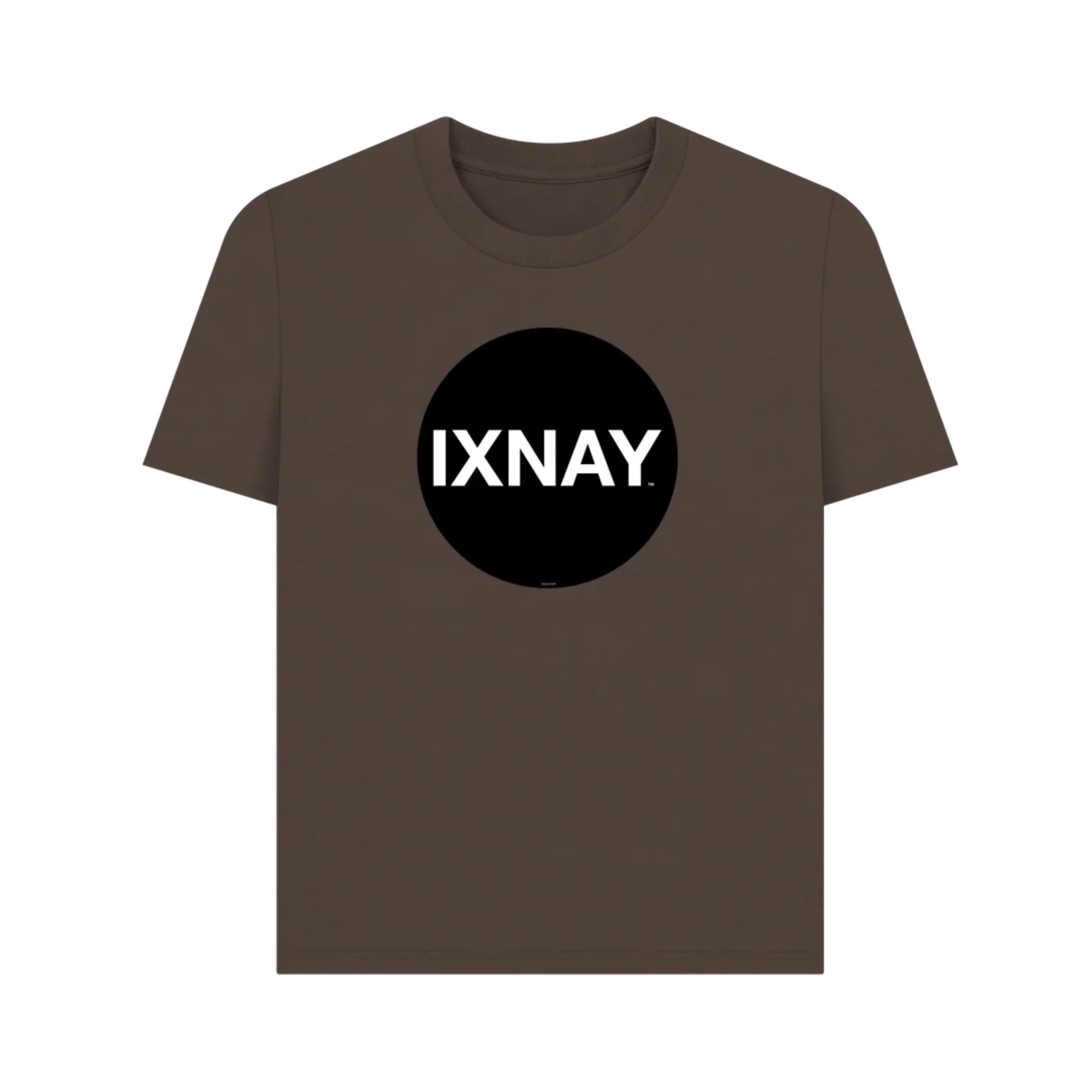 Women's brown t-shirt with a black circle and 'IXNAY' text on a white background
