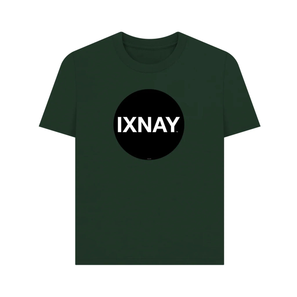 Women's green t-shirt with 'IXNAY' logo on a white background