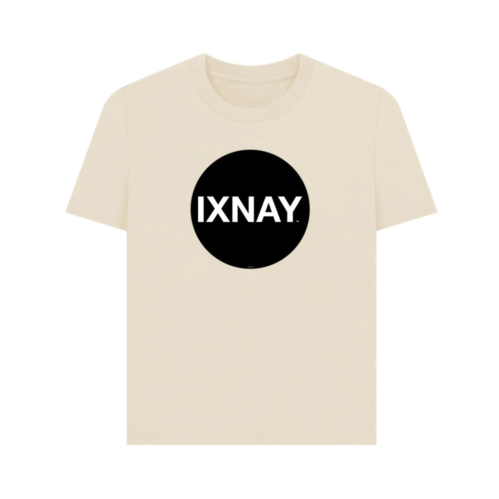 Women's beige t-shirt with a black circle and 'IXNAY' text on a white background