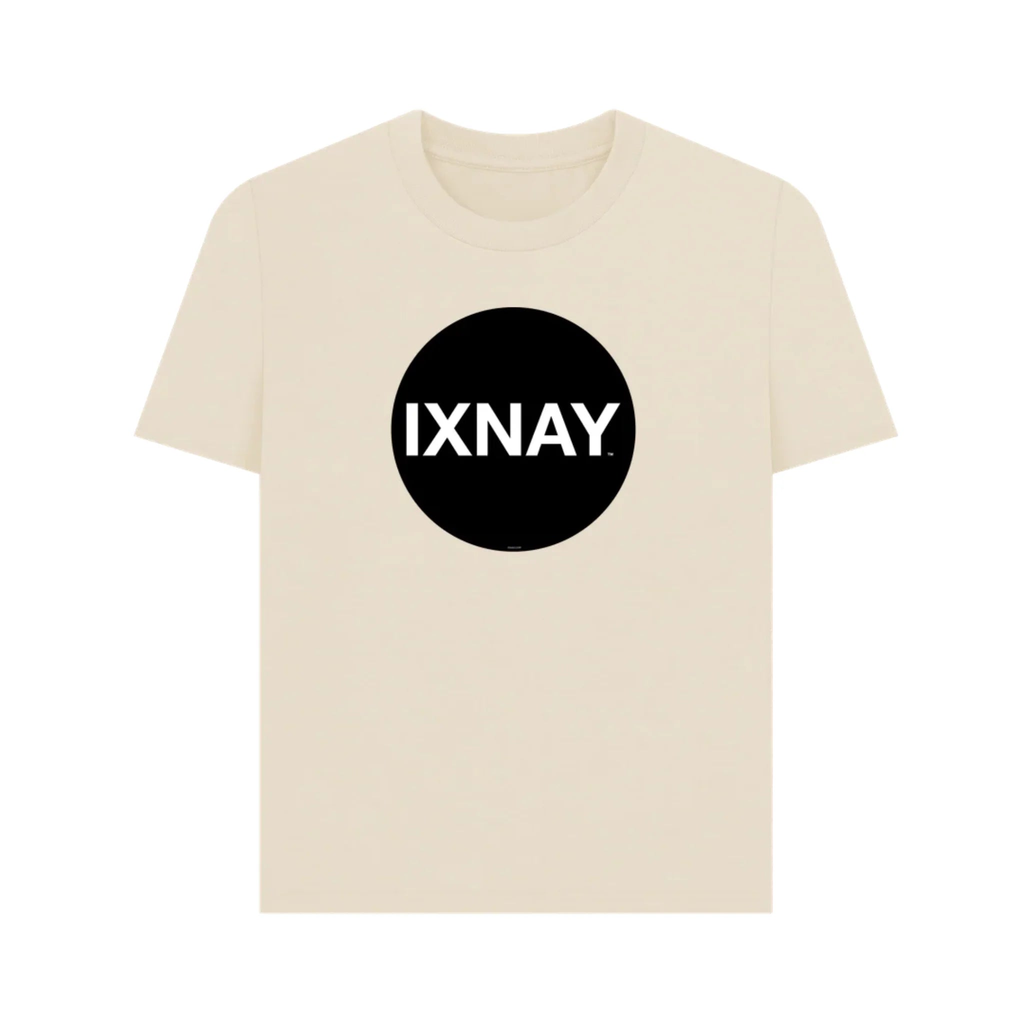 Women's beige t-shirt with a black circle and 'IXNAY' text on a white background