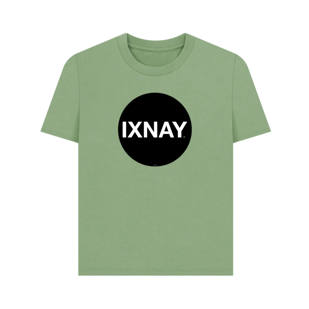 Women's green t-shirt with 'IXNAY' logo on a white background