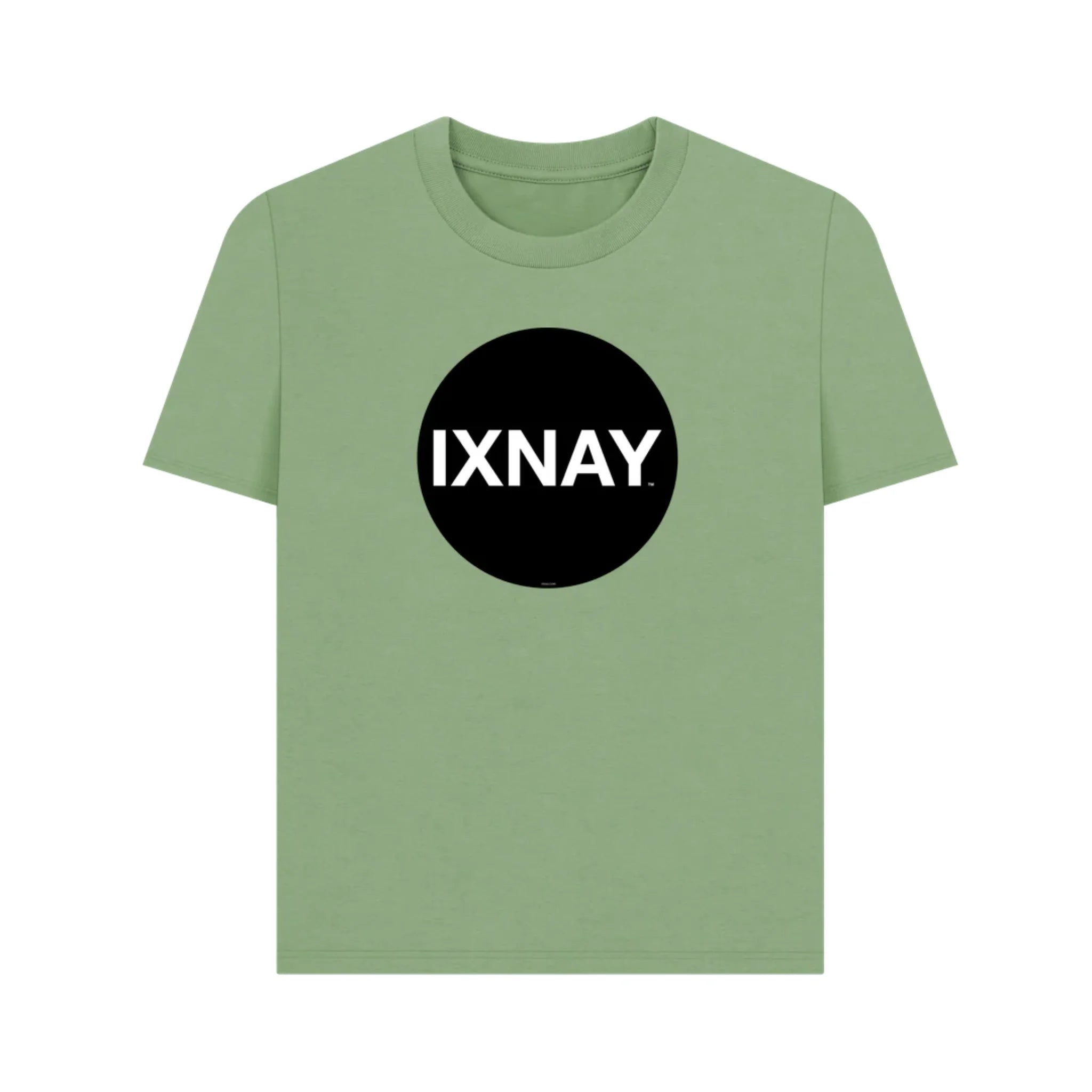 Women's green t-shirt with 'IXNAY' logo on a white background