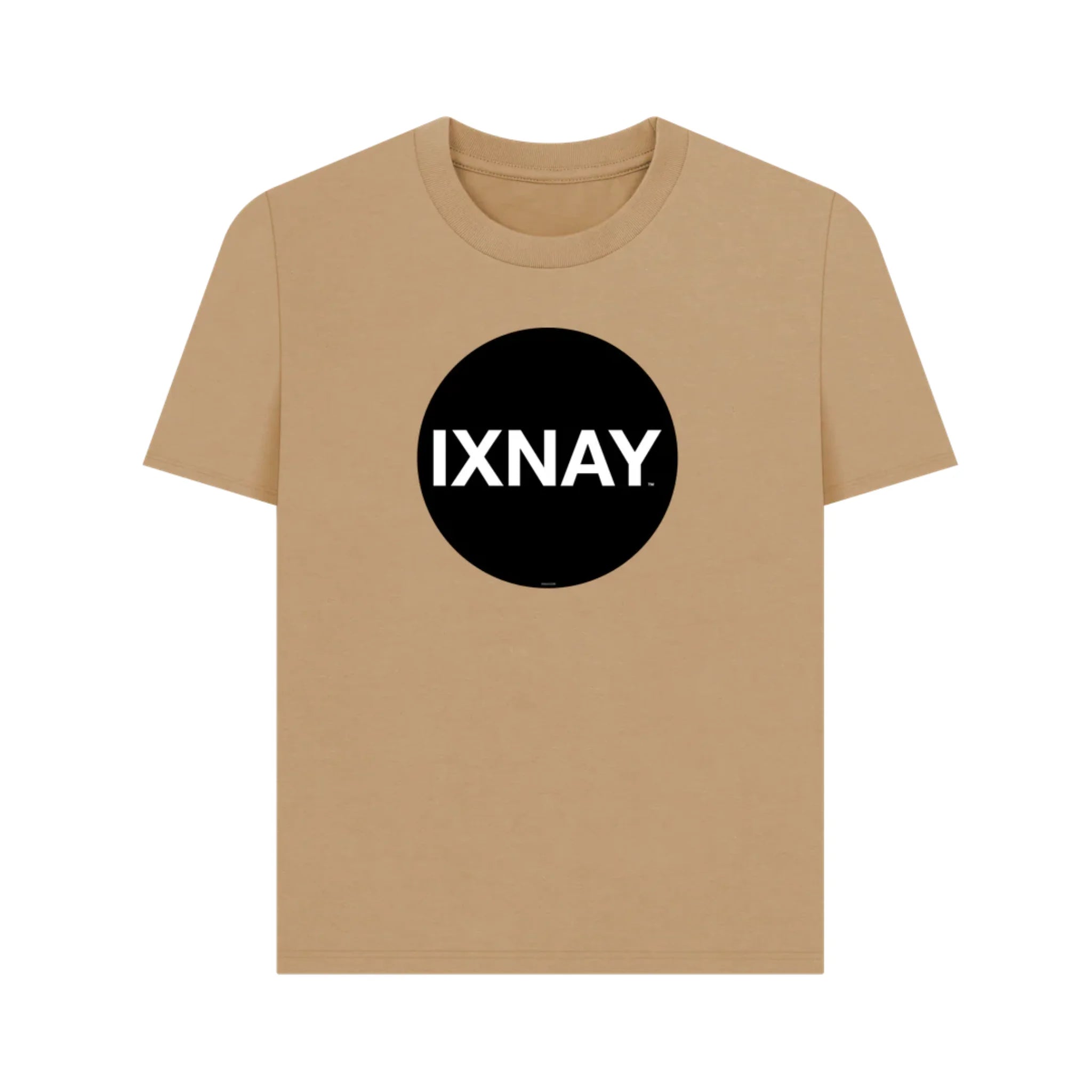 Women's beige t-shirt with a black circle and 'IXNAY' text on a white background