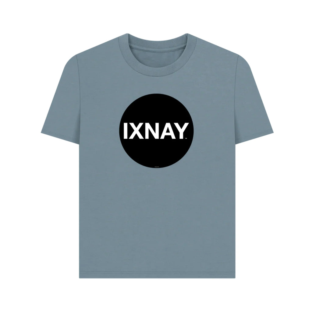 Women's blue t-shirt with a black circle and 'IXNAY' text on a white background