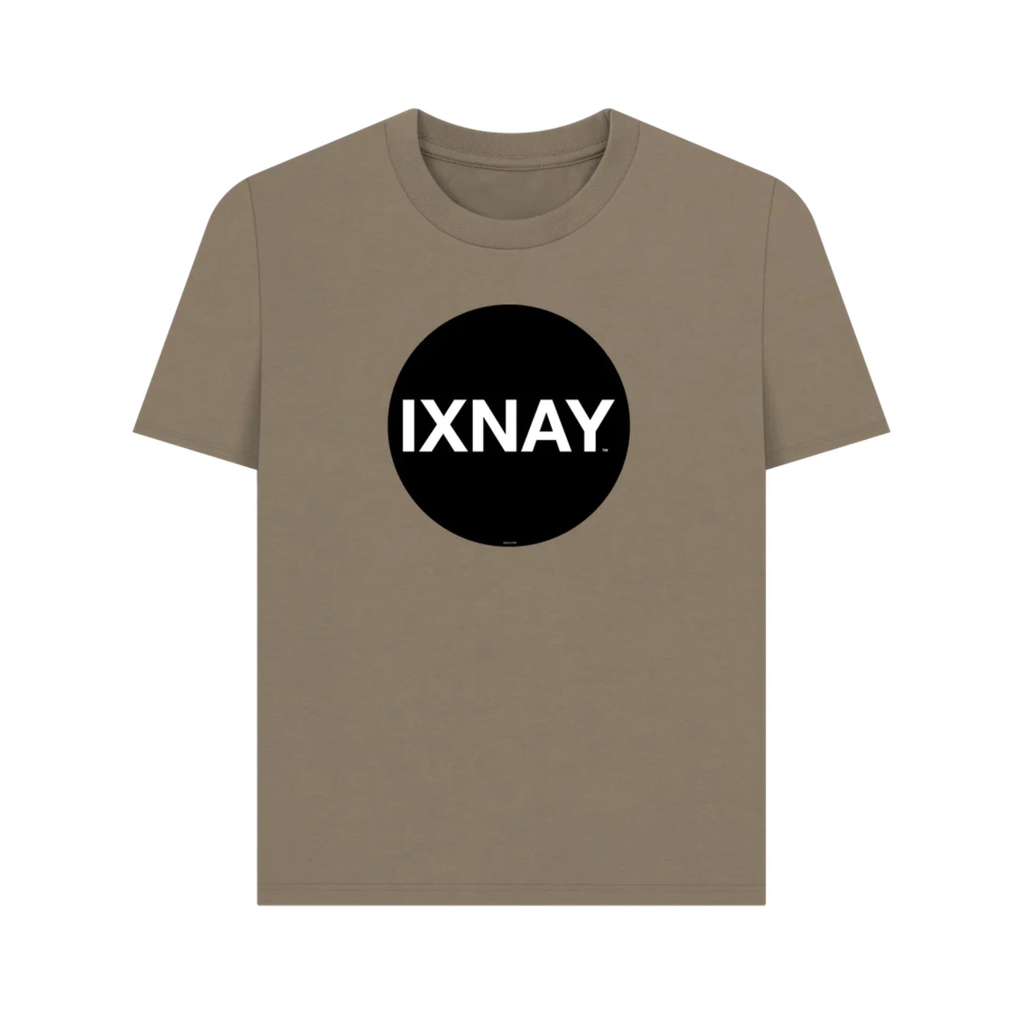 Women's brown t-shirt with a black circle and 'IXNAY' text on a white background