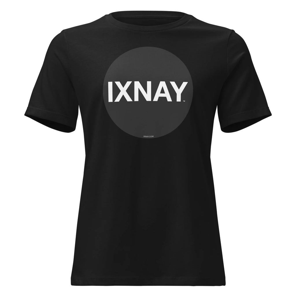 Black women's t-shirt with 'IXNAY' logo on a white background