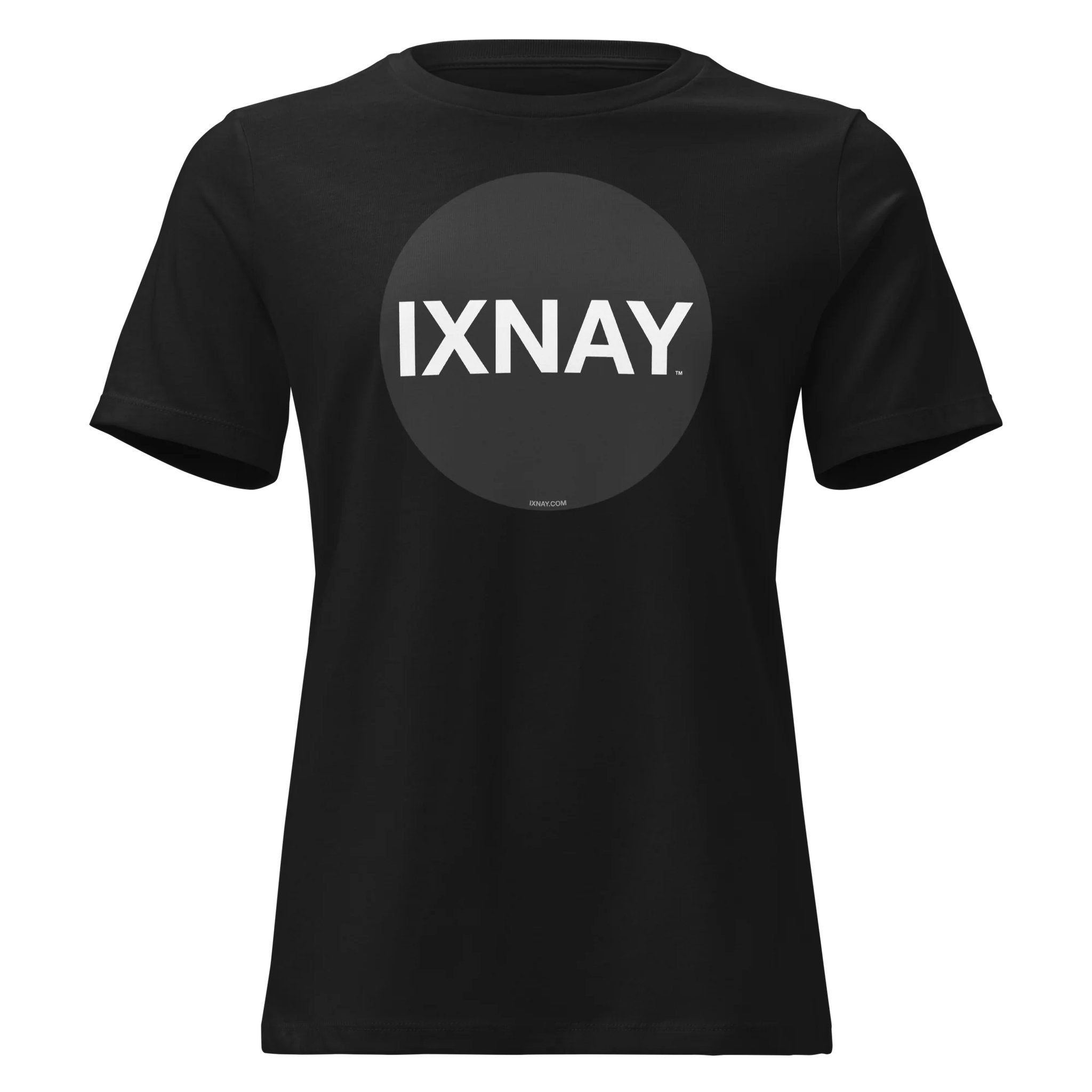 Black women's t-shirt with 'IXNAY' logo on a white background