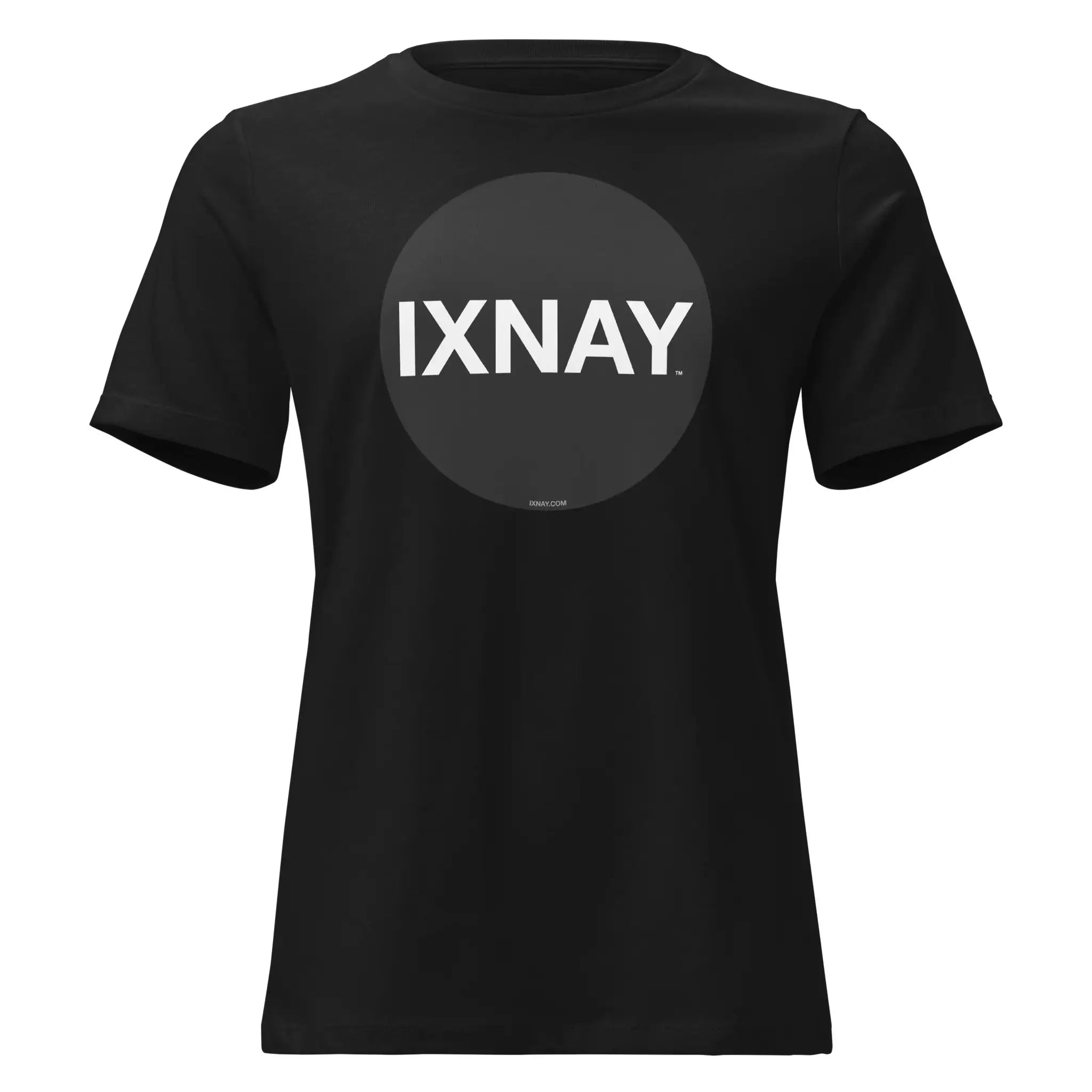 Women's black t-shirt with 'IXNAY' black circle logo in 100% organic cotton short-sleeve.