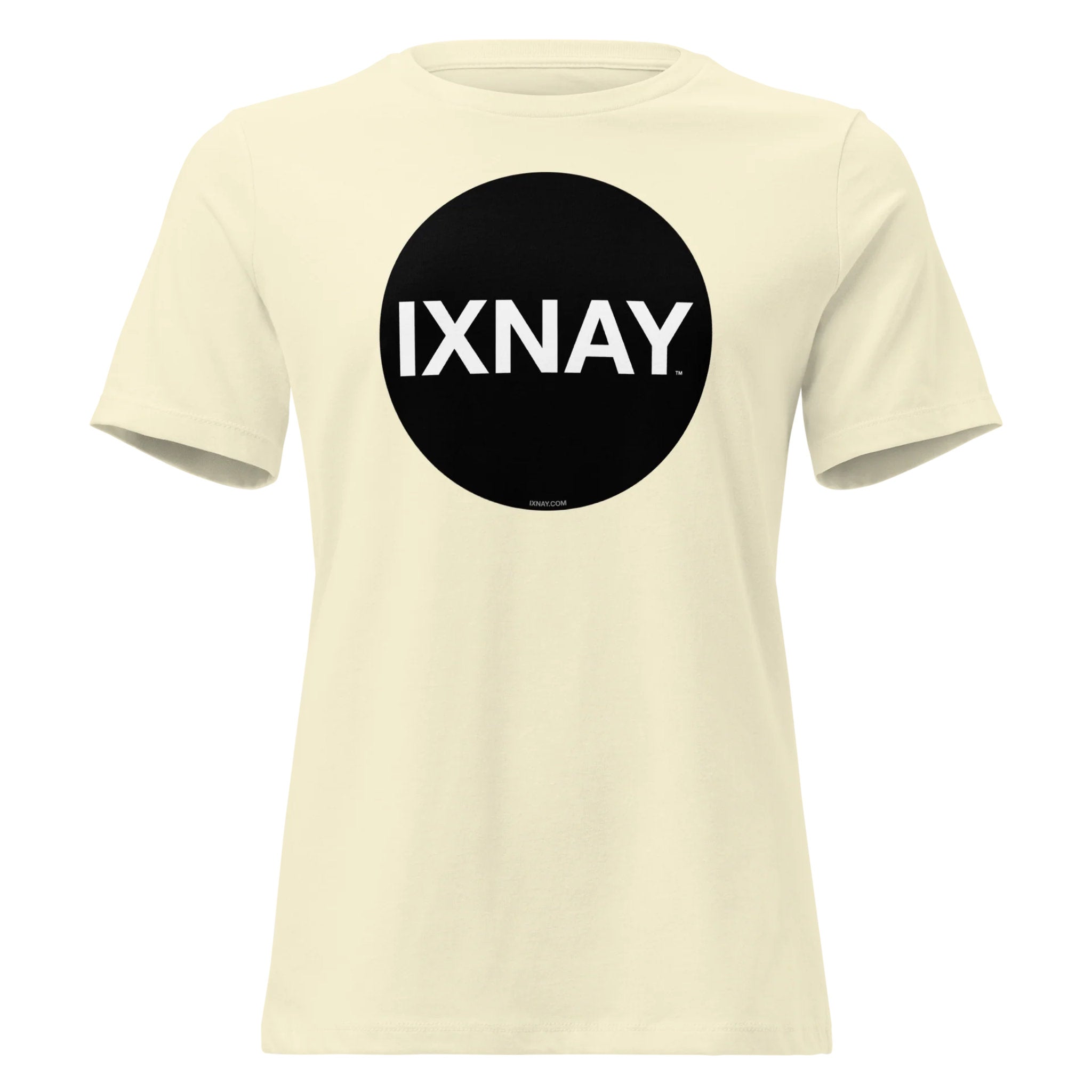 Beige yellow women's t-shirt with a black circle and 'IXNAY' text on a white background