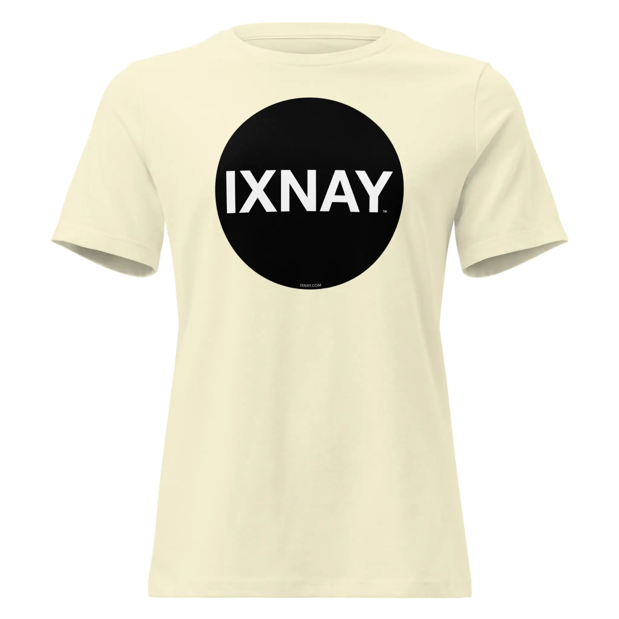 Women's beige t-shirt with 'IXNAY' black circle logo in 100% organic cotton short-sleeve.