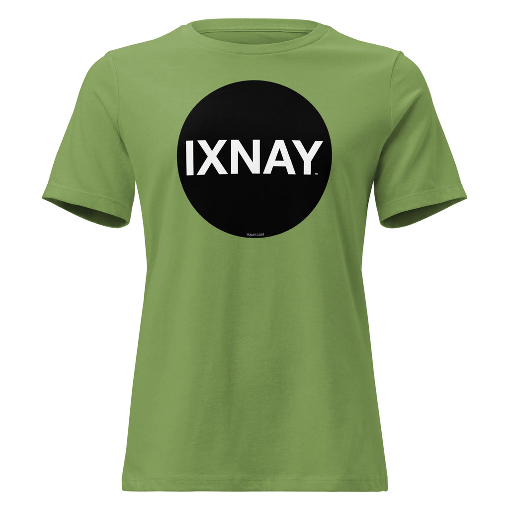 Green women's t-shirt with a black circle and 'IXNAY' text on a white background