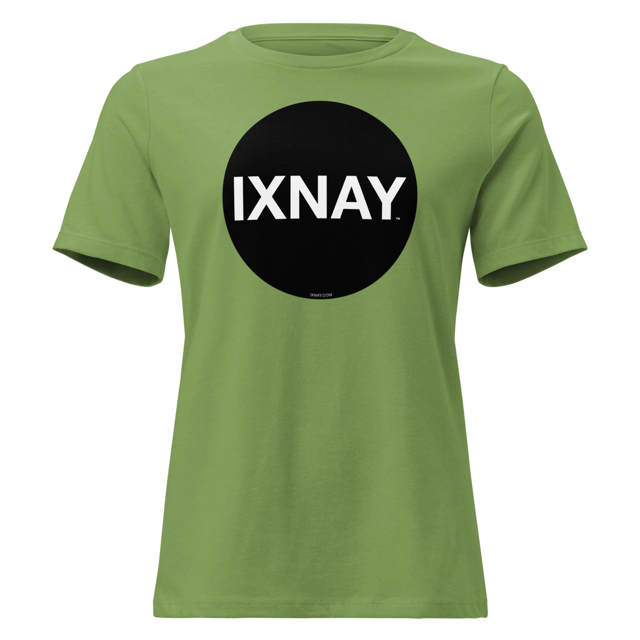 Green women's t-shirt with a black circle and 'IXNAY' text on a white background