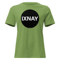 Women's green t-shirt with 'IXNAY' black circle logo in 100% organic cotton short-sleeve.