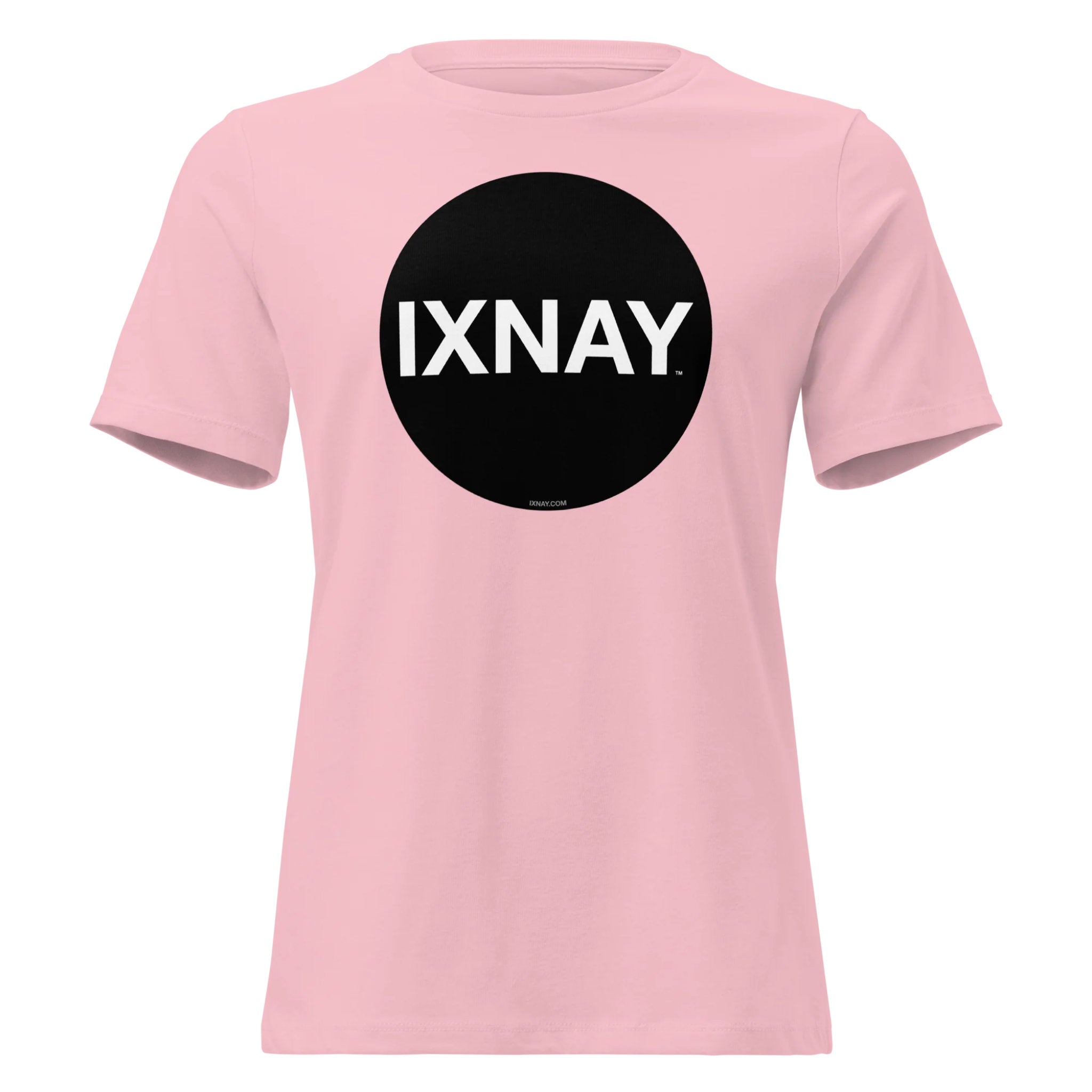 Pink women's t-shirt with a black circle and 'IXNAY' text on a white background