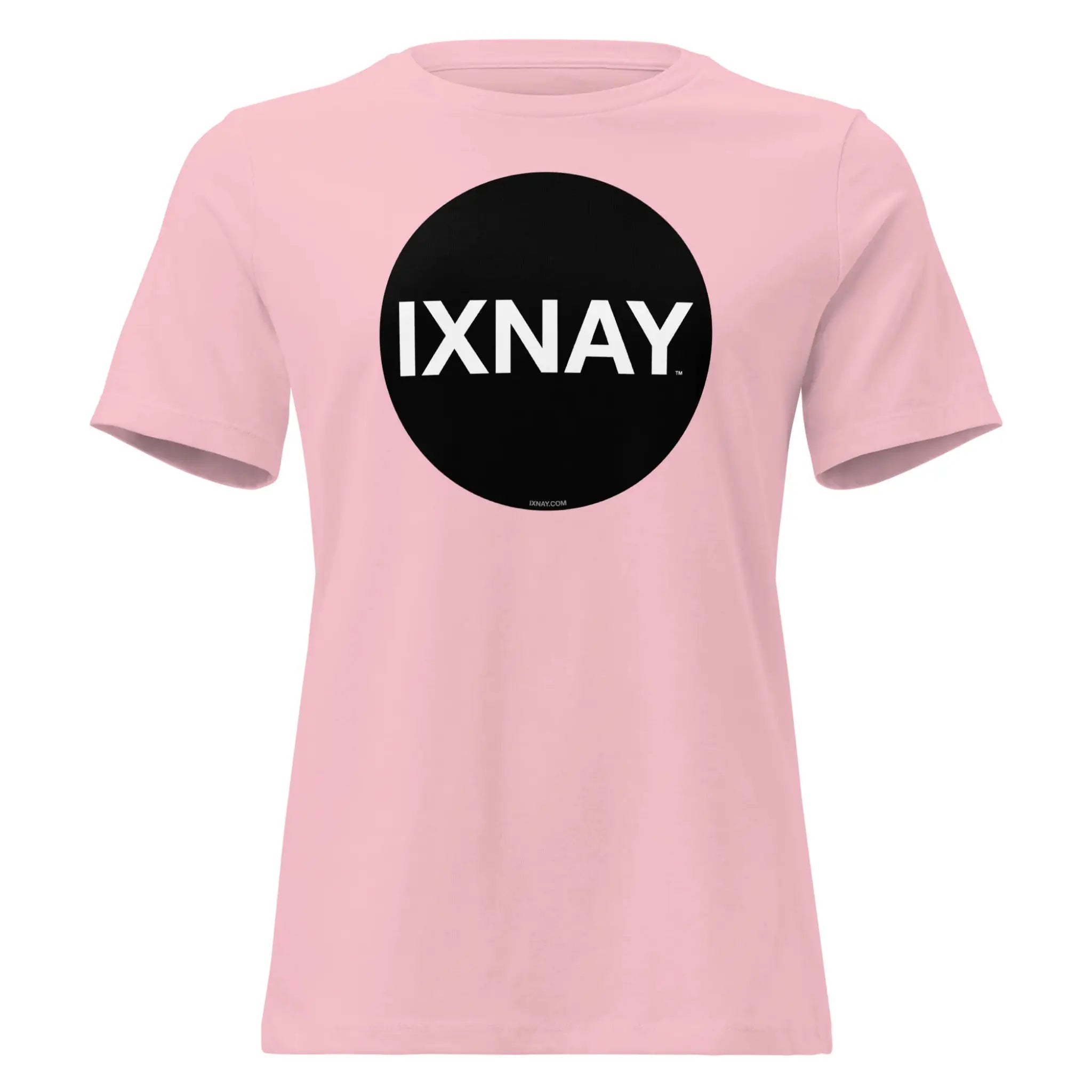 Women's pink t-shirt with 'IXNAY' black circle logo in 100% organic cotton short-sleeve.