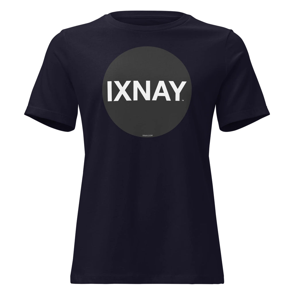 Navy women's t-shirt with 'IXNAY' logo on a white background