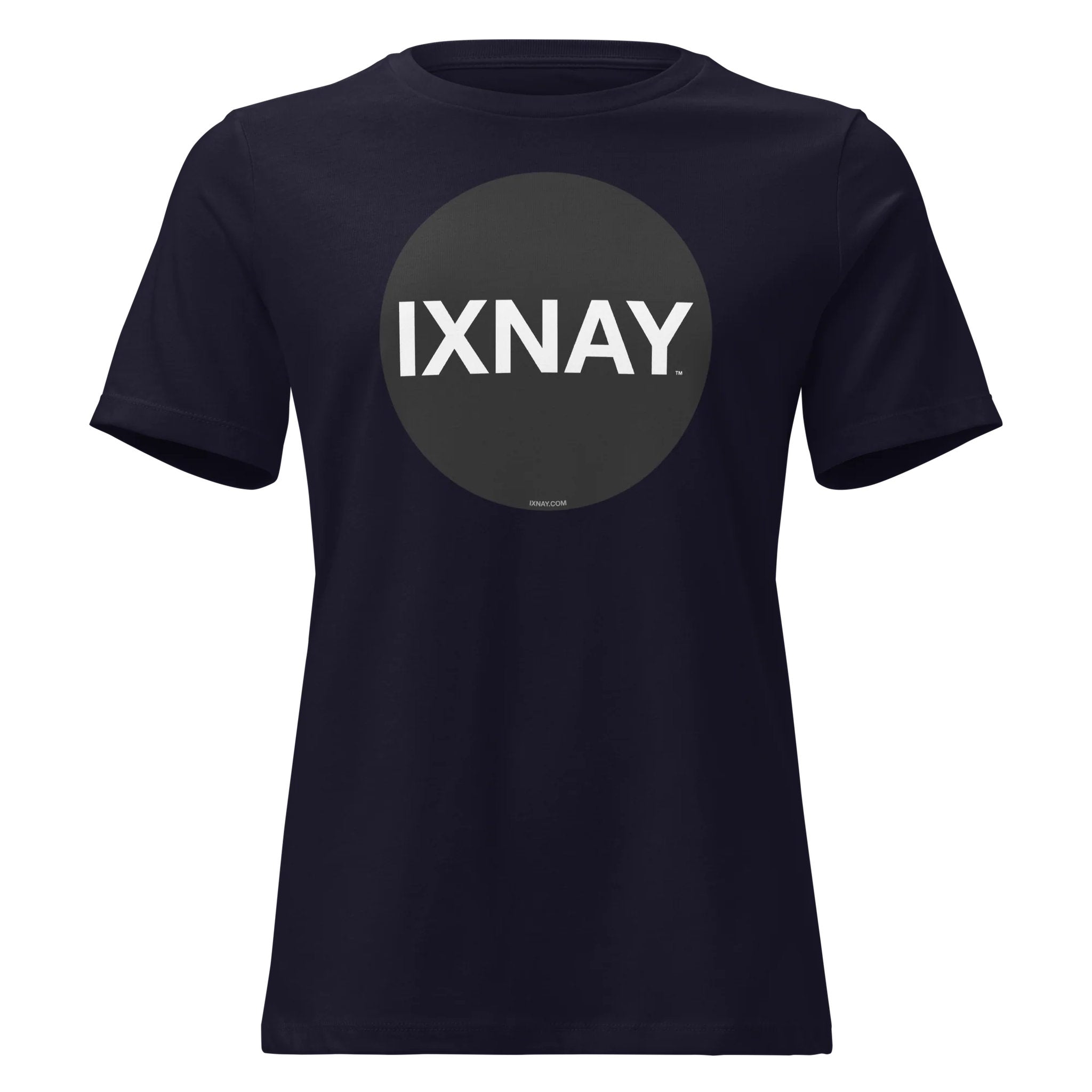 Navy women's t-shirt with 'IXNAY' logo on a white background