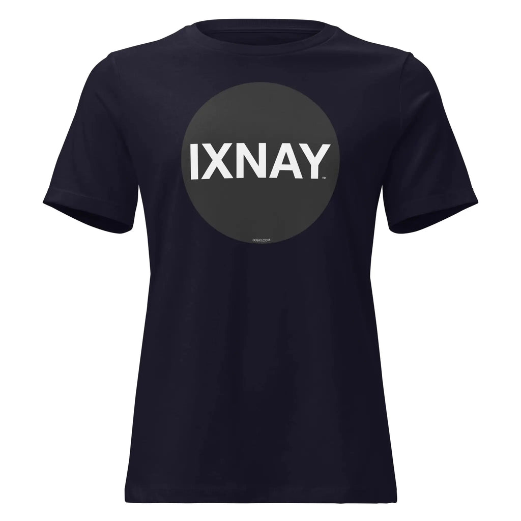 Women's navy blue t-shirt with 'IXNAY' black circle logo in 100% organic cotton short-sleeve.