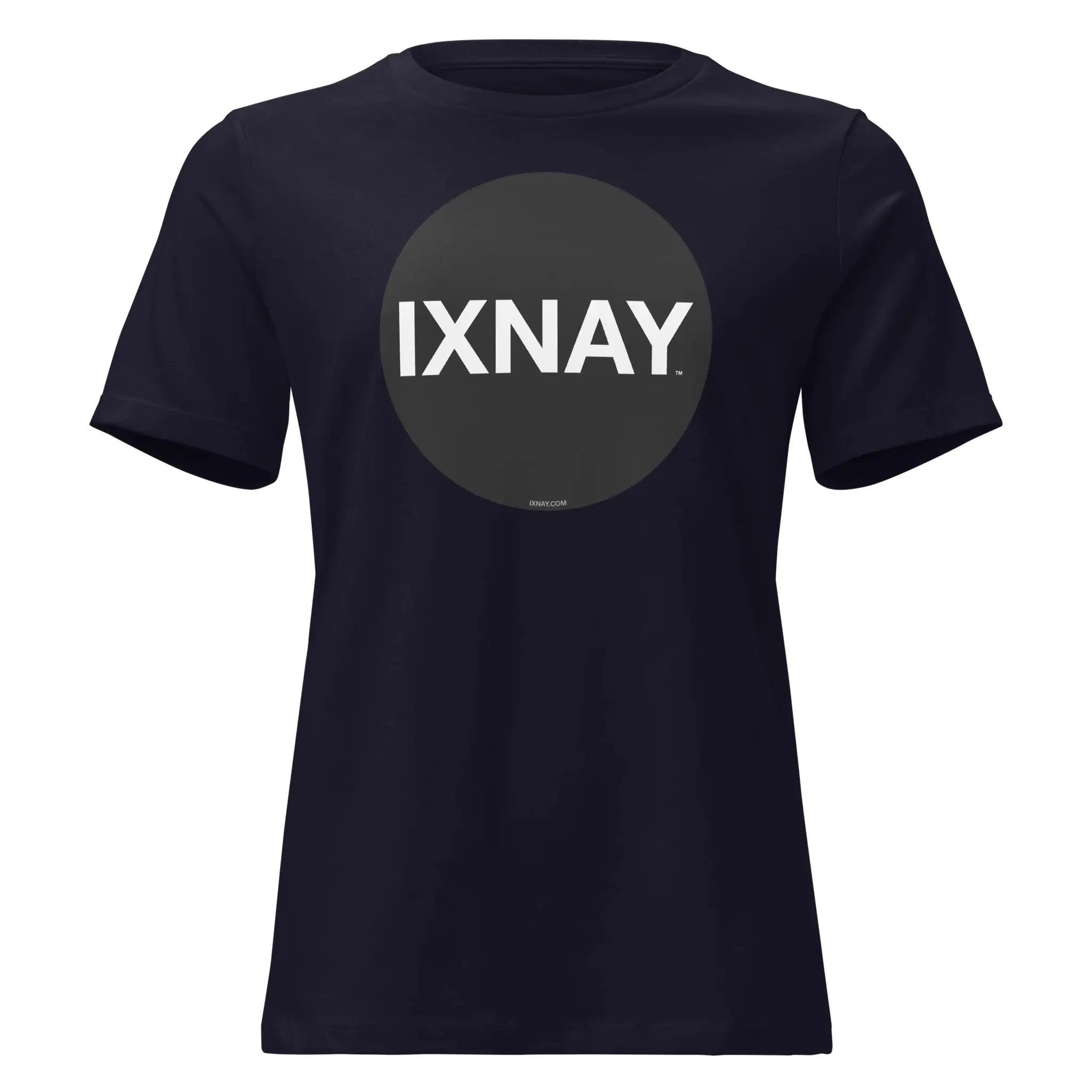 Women's navy blue t-shirt with 'IXNAY' black circle logo in 100% organic cotton short-sleeve.