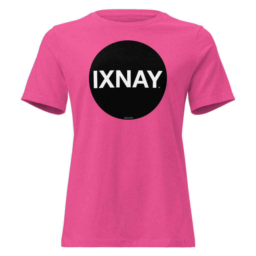 Pink women's t-shirt with a black circle and 'IXNAY' text on a white background