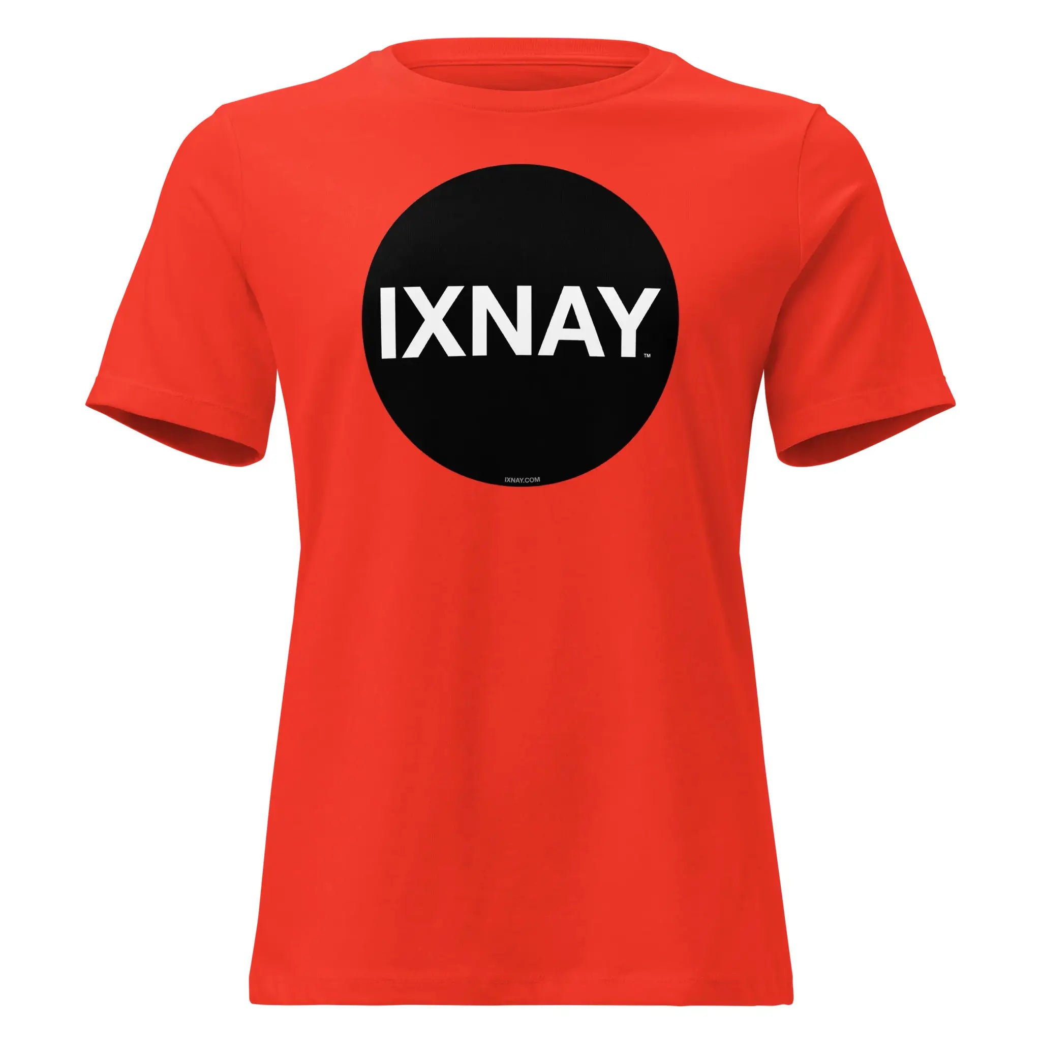 Women's poppy orange t-shirt with 'IXNAY' black circle logo in 100% organic cotton short-sleeve.