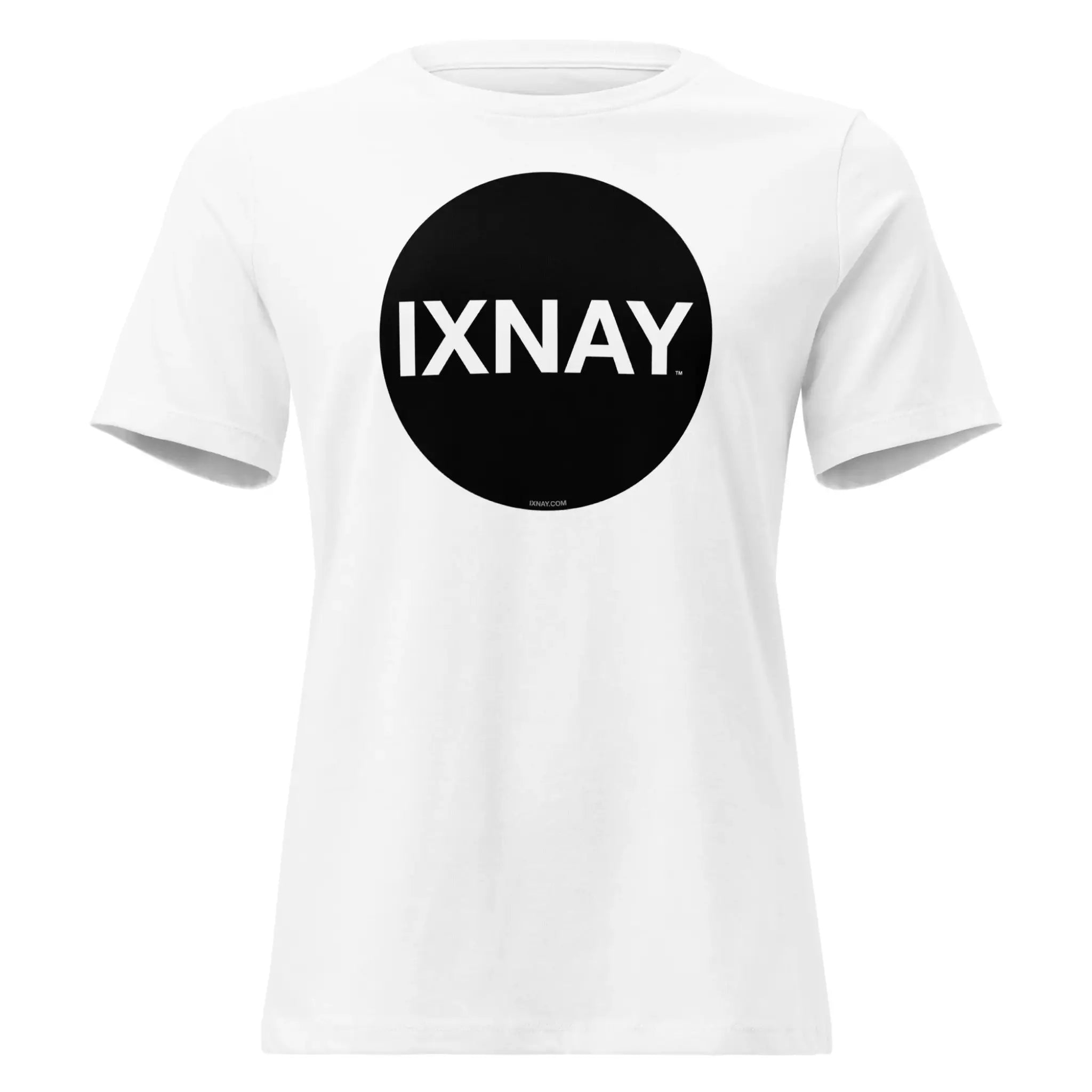 Women's white t-shirt with 'IXNAY' black circle logo in 100% organic cotton short-sleeve.