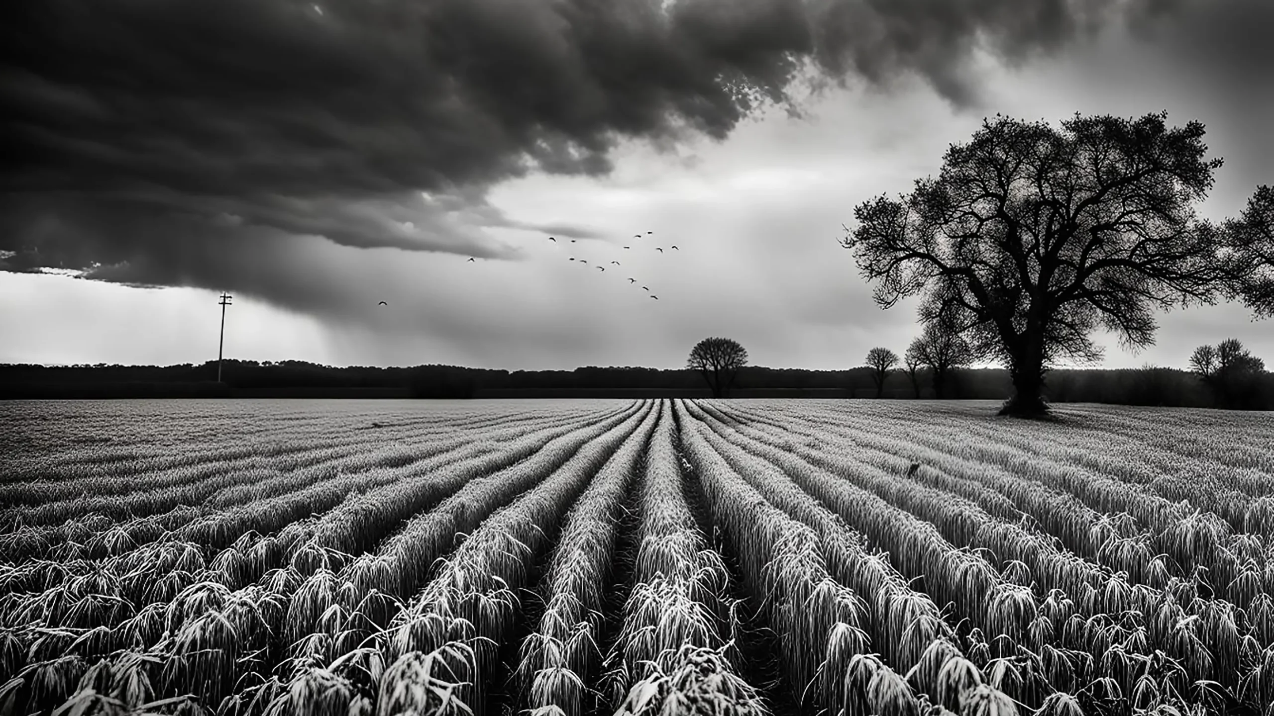 Image shows a black and white image of farm fields with crows flying in the distance while the sky shows the approach of a threatening storm. Intended to set the mood for a song named "Darkening Day" by the artist IXNAY.